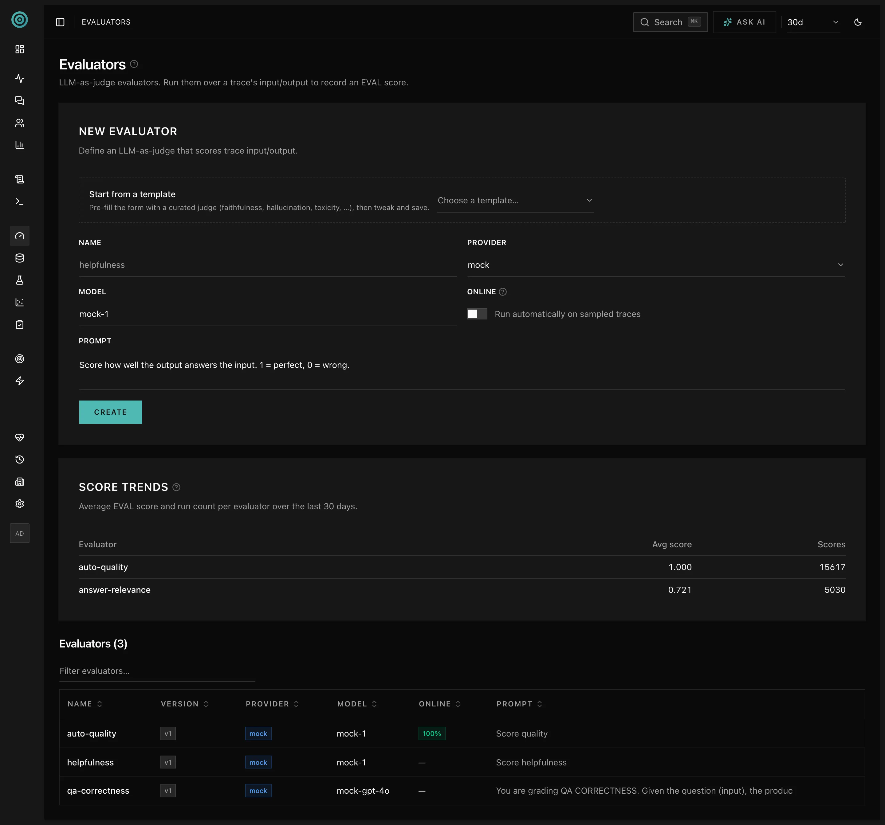 Evaluators — LLM-as-judge configs and recent runs