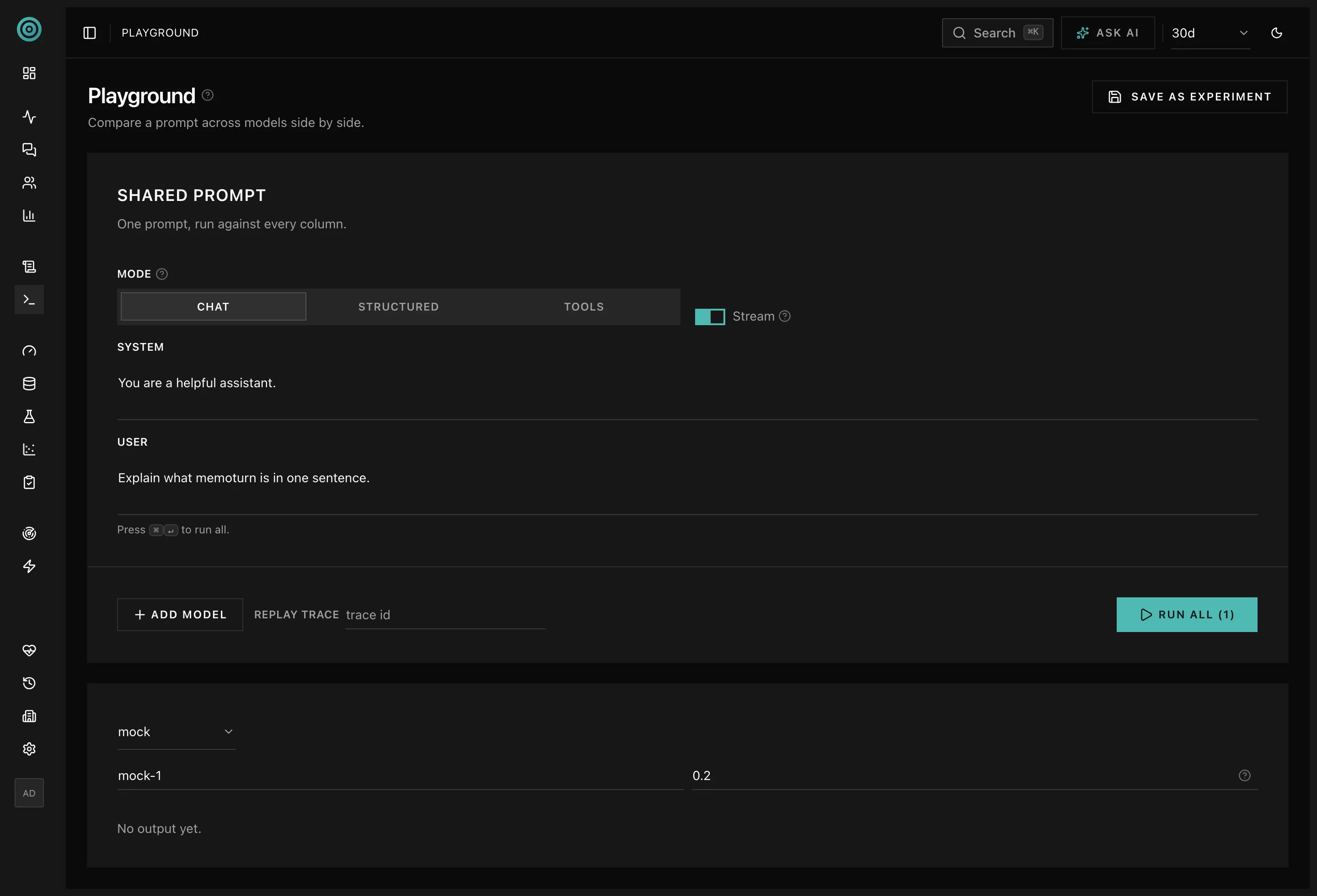 Playground — multi-provider, streaming, recorded as traces